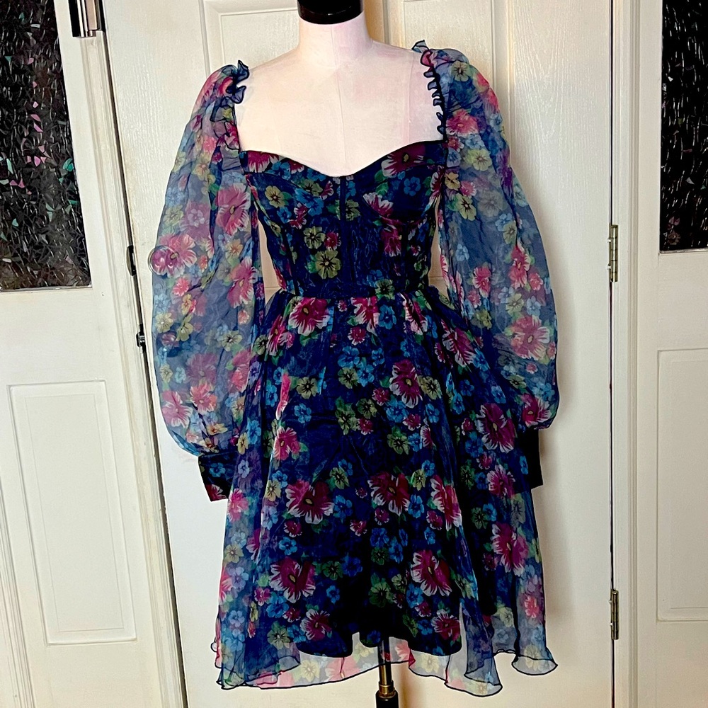 Miss Ord size small gorgeous rich jewel tone floral dress with sheer puff sleeve